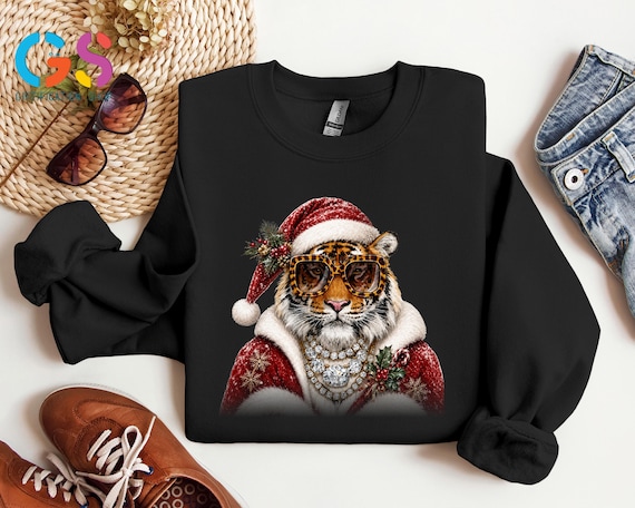 Christmas Tiger Sweatshirt, Glam Santa Tiger Shirt, Leopard Glasses Holiday Tee, Winter Festive Animal Gift