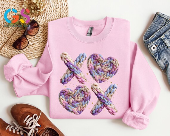 XOXO Crochet Valentines Day Sweatshirt, Romantic Gift For Girlfriend, Anniversary Lover Sweater, Heart Hoodie