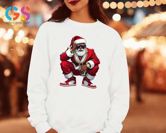 Black Santa Claus Christmas Sweatshirt, Colorful Holiday African American Sweater, Cozy Mery Xmas Clothing