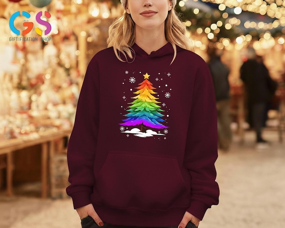LGBTQ Pride Flag Christmas Tree Sweatshirt, Rainbow Winter Sweater, Festive Equal Right Hoodie, Ally Holiday Gift