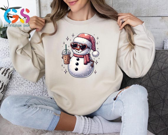 Cute Snowman Christmas Sweatshirt, Iced Coffee Lover Holiday, Festive Xmas