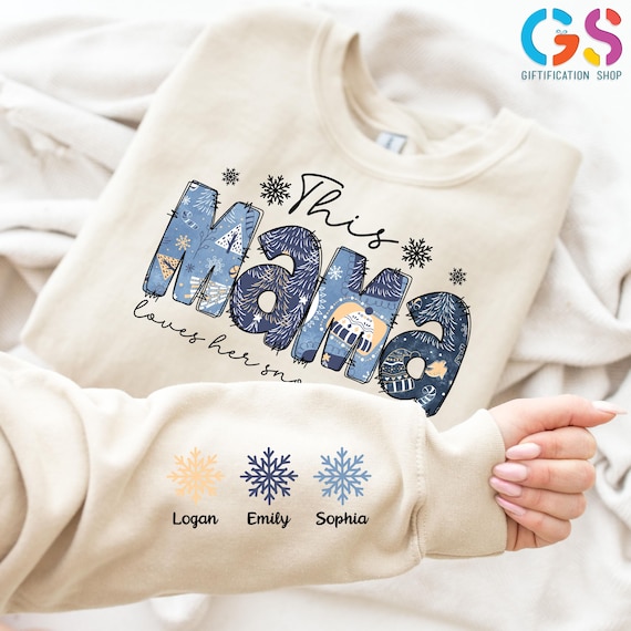 Custom Merry Mama Sweatshirt with Kids Names, This Mama Loves Her Snowflakes Sweater, Christmas Mama Hoodie, Winter Sweater for Mama