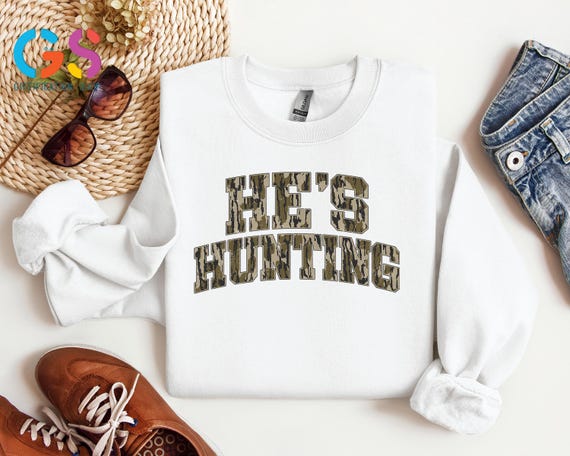 He’s Hunting Sweatshirt, Duck Camo Bow Sweater, Deer Hunting Hoodie, Fall Gift for Dad, Husband Hunting Season Gift