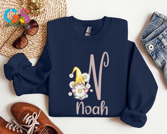 Custom Name Christmas Gnome Alphabet Sweatshirt, Daisy Letter Holiday Kid Sweater, Initial Xmas Toddler Gift