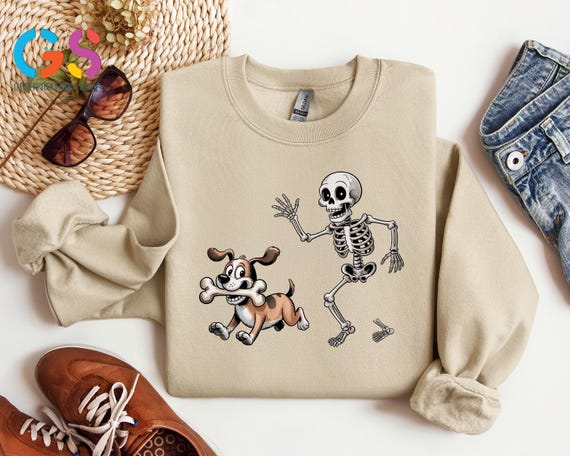 Funny Skeleton Chasing Dog Sweatshirt, Halloween Dog Lover Sweater