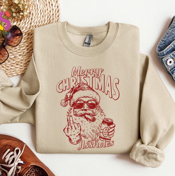 Merry Christmas Assholes Sweater, Santa Claus Middle Finger Sweatshirt, Santa smoke Hoodie, Funny Santa Claus Sweatshirt, Xmas Gift For Him