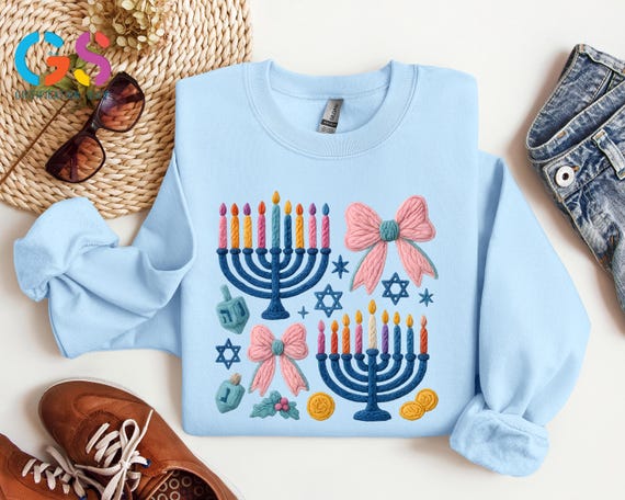 Hanukkah Pink Bow And Candle Sweatshirt, Jewish Sweater, Happy Chanukah Apparel, Religious Menorah Holiday Gift