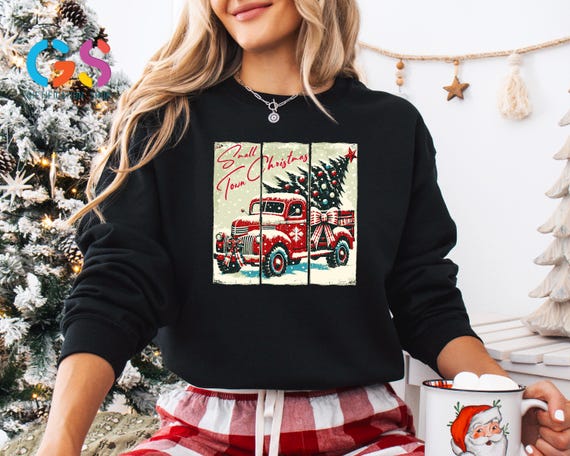 Small Town Christmas Sweatshirt, Retro Red Truck Christmas Sweater, Christmas Tree Hoodie, Christmas Coquette Bow Sweater, Merry and Bright