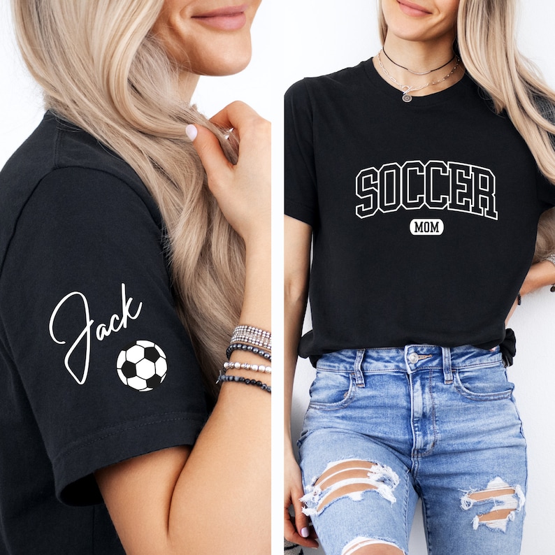 May include: Two black t-shirts with white text. One shirt says "Soccer Mom" and the other says "Jack" with a soccer ball graphic.