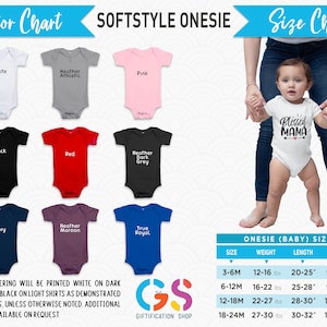May include: A size chart for baby onesies with a color chart showing 10 different colors. The chart shows the size in months, weight in pounds, length in inches, and width in inches. The onesie is shown on a baby being held by a person. The onesie has the text "Blessed Mama" printed on it.