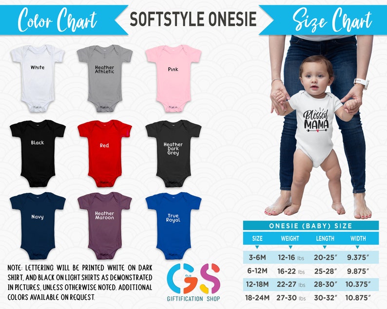 May include: A size chart for baby onesies with a color chart showing 10 different colors. The chart shows the size in months, weight in pounds, length in inches, and width in inches. The onesie is shown on a baby being held by a person. The onesie has the text "Blessed Mama" printed on it.
