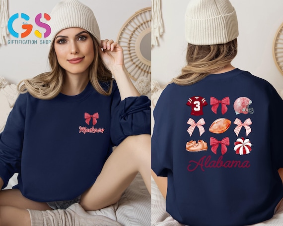 Custom Name Football Mama Season Sweatshirt, Sports Fan Coquette Women Sweater, Game Day Personalized Gift