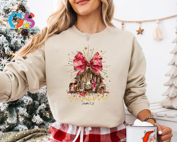 Christmas Christian Sweatshirt, Nativity Scene Sweater, Preppy Red Coquette Bow Sweatshirt,  Greatest Gift of All Hoodie, Christmas Gift