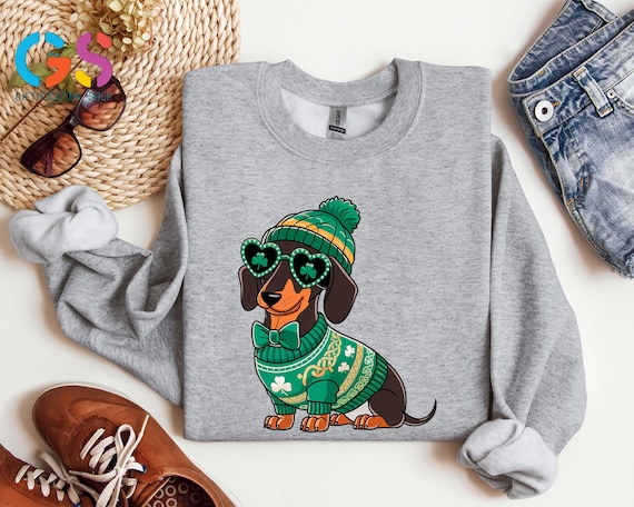 St. Patrick’s Day Dachshund Dog Sweater, Lucky Dog Sweater, Funny Sunglasses Dachshund St. Paddy's Hoodie, Irish Shamrock Sweatshirt