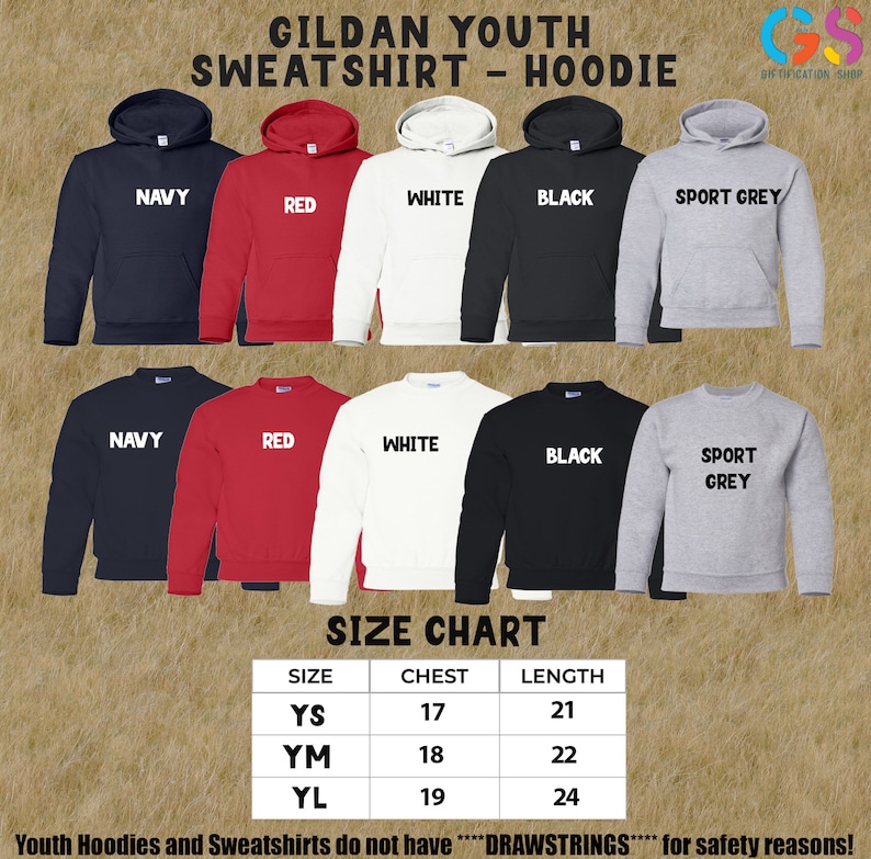 Pode incluir: Uma exibi&ccedil;&atilde;o de camisolas e hoodies Gildan para jovens em azul marinho, vermelho, branco, preto e cinzento desportivo. A imagem inclui uma tabela de tamanhos com medidas de peito e comprimento em cm. O texto na imagem diz "Gildan Youth Sweatshirt - Hoodie."
