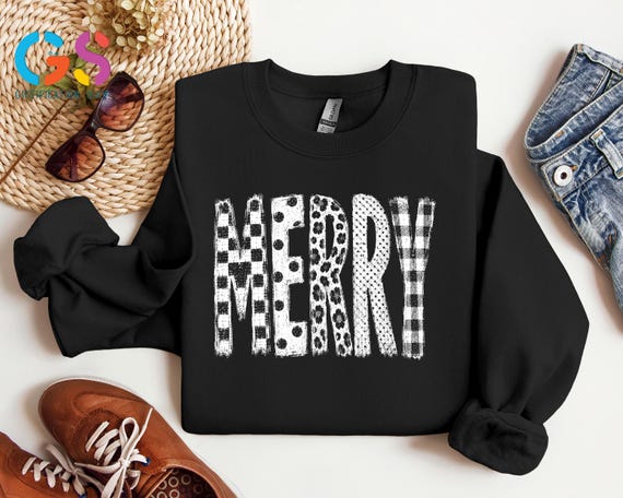 Merry Christmas Sweatshirt, Buffalo Plaid Polka Dot  Sweatshirt, Xmas Hoodie