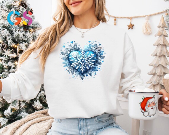 Blue Snowflake Sweatshirt, Cute Heart Winter Sweater, Christmas Season Hoodie, Trendy Sweatshirt, Christmas Vibes, Holiday Sweatshirt