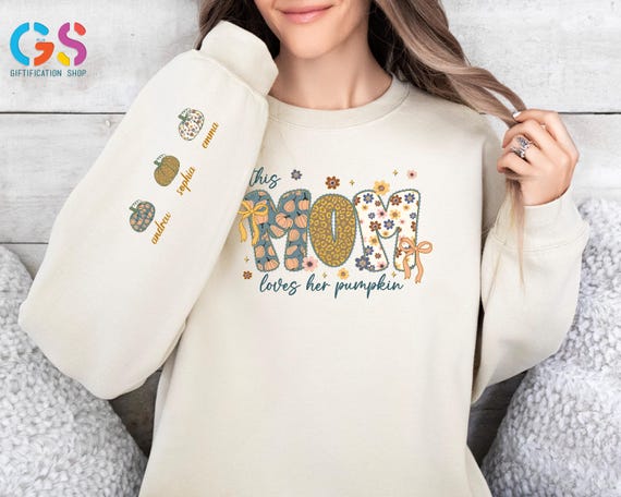 Custom Fall Mama Sweater with Kids Names, This Mama Loves Her Pumpkins, Fall Pumpkin Nana Sweatshirt,Autumn Grandma Gift