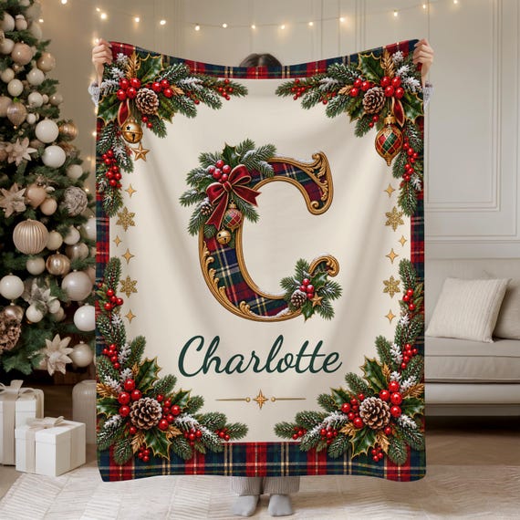 Personalized Christmas Blanket, Custom Name Initial Letter Throw, Family Xmas Holiday Gift, Winter Home Decor