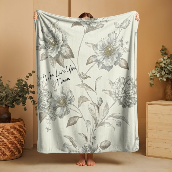 Personalized Vintage Floral Mama Blanket, We Love You Mom Gift, Botanical Mother’s Birthday Minky or Sherpa Blanket