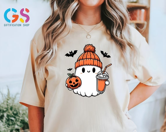 Ghost and Pumpkin Tshirt, Pumpkin Spice Latte Tee, Cute Ghost Halloween Party, Fall Clothes
