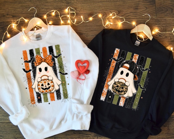 Custom Striped Boy Girl Ghost Sweatshirt, Retro Halloween Hoodie, Camo Pumpkin Tee, Spooky Season