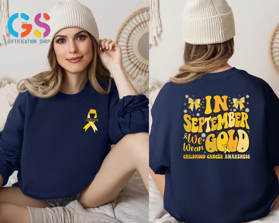 Custom Name Childhood Cancer Awareness Sweatshirt,In September We Wear Gold Sweater, Personalized Gold Ribbon Sweater, Cancer Warrior Gift