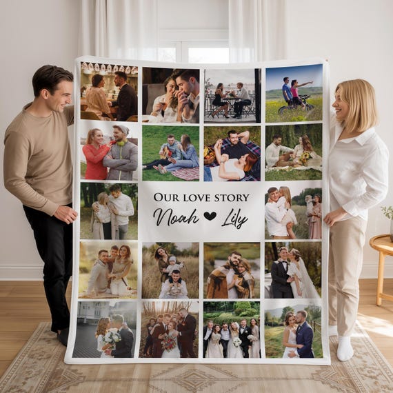 Personalized Photo Blanket Collage, Picture Sherpa Blanket With Text, Wedding Anniversary Birthday Gift