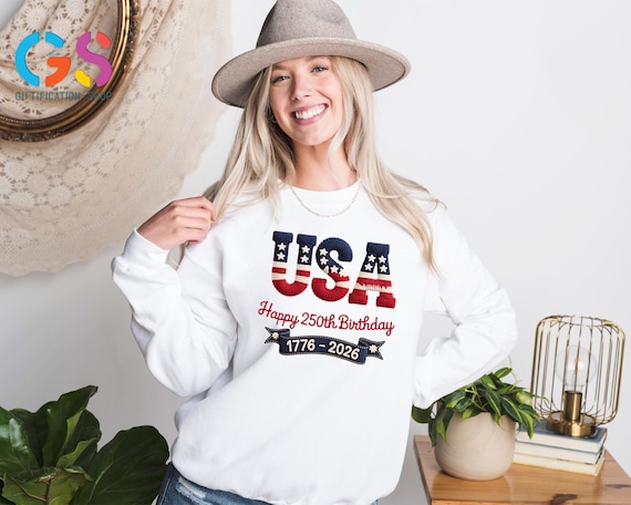 Happy 250th Birthday Anniversary Faux Yarn Look Sweatshirt, American Flag USA Sweater, Patriotic Day Gift