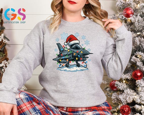 Military Airplane Christmas Sweatshirt, Aviation Holiday Sweater, Fighter Jet Pilot Xmas Gift, Aircraft Patriotic Clothing
