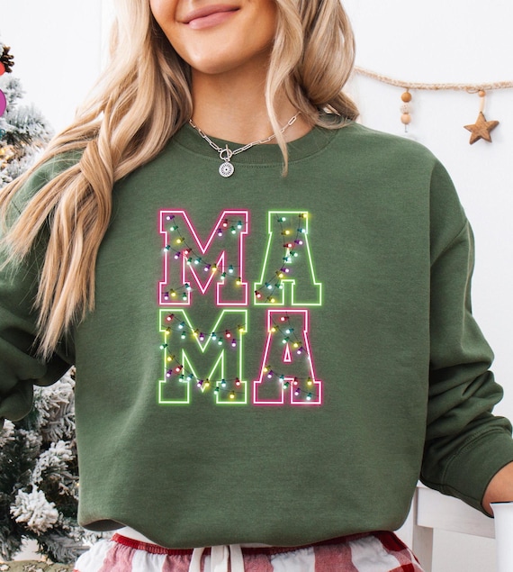 Christmas Lights Mama Sweatshirt, Christmas Mom Sweater, Christmas Gift For Mom, New Mama Gifts, Trendy Neon Mama Sweatshirt, Xmas Gift