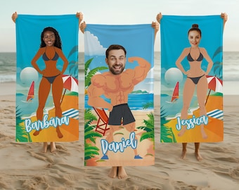 Custom Funny Muscle Body Beach Towels, Personalized Face Name Funny Vacation Gift, Bachelor Party Gift