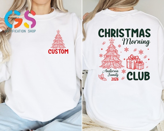 Personalized Christmas Morning Club Sweatshirt, Matching Family Name Xmas Hoodie, Christmas Tree