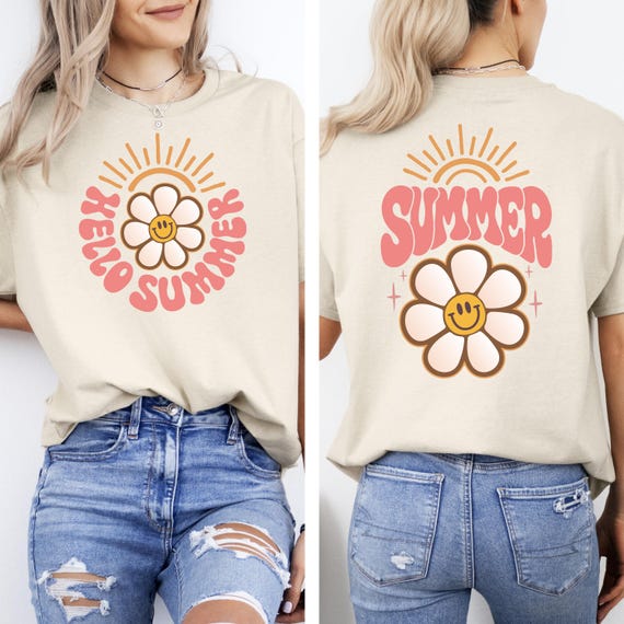 Retro Hello Summer Shirt, Smile Flower and Sun Shirt, Floral Vacation Shirt, Funny  Sunshine Shirt, Trendy Beach Shirt, Summer Vibes