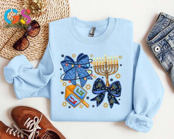 Hanukkah Coquette Bow Sweatshirt, Jewish Sweater, Happy Chanukah Apparel, Menorah Candle Light Holiday Clothing