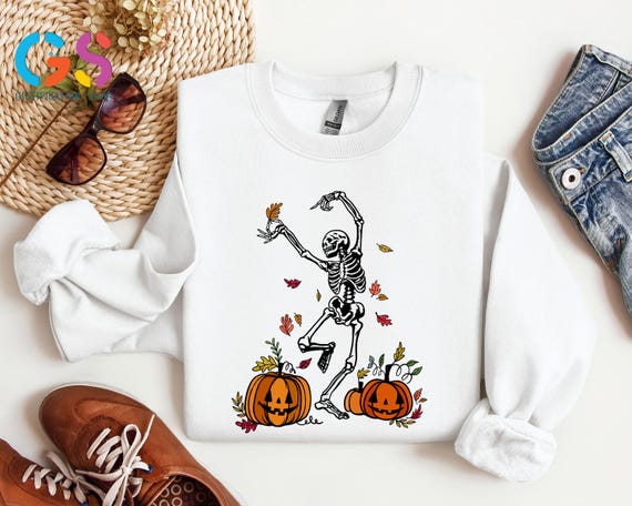 Skeleton Autumn Leaves and Pumpkins Sweatshirt, Unisex Fall Sweater, Halloween Sweatshirt For Men and Womens, Spooky Season Gift For Adult