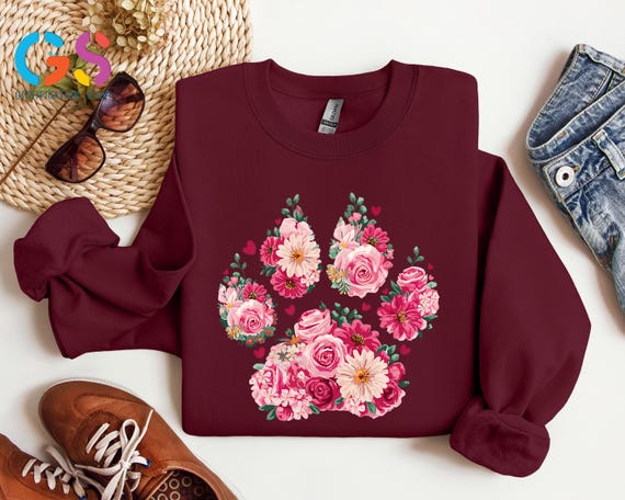 Floral Dog Paw Sweatshirt, Pet Owner Mom Gift, Animal Lover Sweater, Veterinarian Clothing, Boho Pink Puppy Apparel
