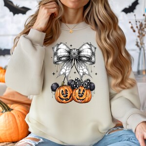 Pumpkin Mouse And Friends Sweatshirt,Halloween Pumpkin Sweater, Pumpkin Cheeries Coquette Sweatshirt, Disney Halloween Sweater