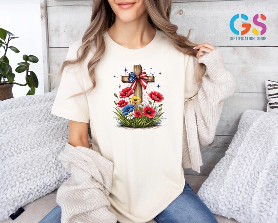 Floral Christian Cross Shirt, Patriotic Wildflower Tee, Religious Gift For Her, 4th Of July Apparel