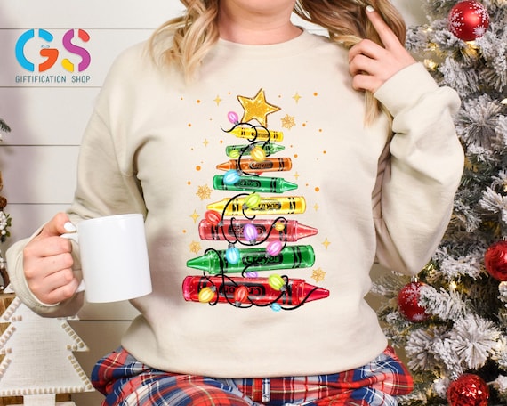 Christmas Crayon Tree Sweatshirt, School Teacher Kindergaarten Hoodie, Xmas Appareal, Holiday Teach Winter Sweater
