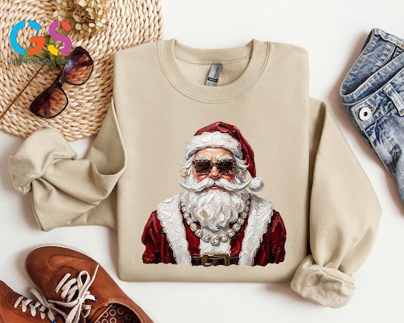 Santa Claus Christmas Sweatshirt, Glam Santa Leopard Sunglasses Shirt, Funny Holiday Xmas Tee, Festive Gift