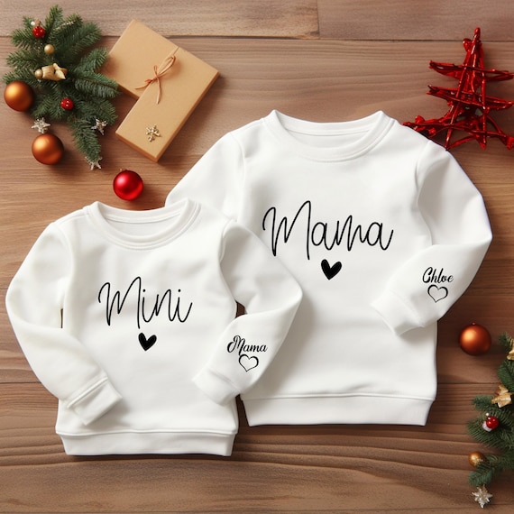 Custom Mama and mini Sweatshirt with Daughter and Son Names, Personalized family Sweatshirt, Cute Gift For Christmas, Baby newborn and mama