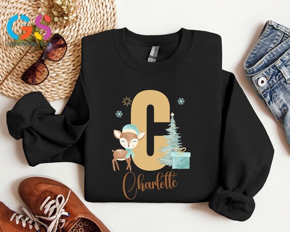 Custom Name Deer Alphabet Christmas Sweatshirt, Personalized Toddler Letter Holiday Sweater, Xmas Kid Clothing