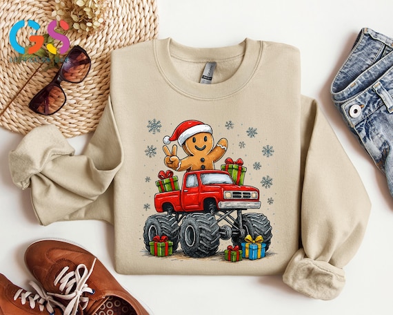 Gingerbread Driving Truck Sweatshirt, Gingerbread Xmas Hoodie, Merry Christmas Holiday Cookie Sweater, Toddler Gift