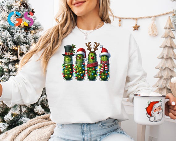 Christmas Lights Pickle Sweatshirt, Santa Hat Cucumber Sweater, Funny Christmas Sweatshirt, Merry Christmas, Christmas Gift for Family