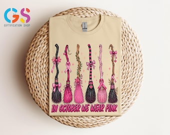 In October We Wear Pink Tshirt, Breast Cancer Awareness Sweatshirt, Witch Broom Pink Ribbon Tee, Spooky Support