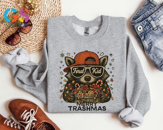 Merry Trashmas Sweatshirt, Christmas Raccoon Sweater, Feral Kid Hoodie, Funny Toddler Holiday Gift, Wild Child Clothes