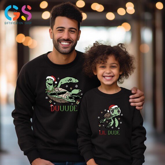 Dude Lil Dude Christmas Sweatshirt, Dad And Son Disney Sweater, Disneyland Vacation Apparel, Holiday Turtle Clothing