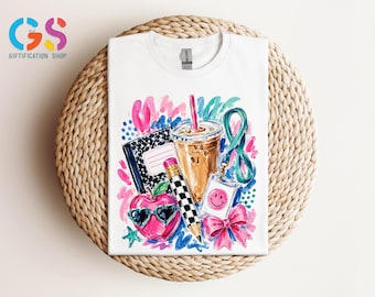 Coquette Teacher Tshirt, Back To School Tee, Watercolor Iced Coffee Sweatshirt, Teacher Appreciation, Preppy Classroom Shirt