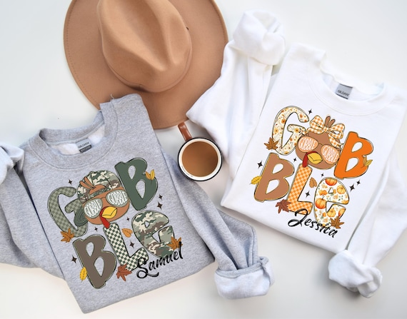 Custom Name Boys/Girl Gobble Turkey Sweatshirt, Thanksgiving Camo Tee, Family Matching Toddler Gift